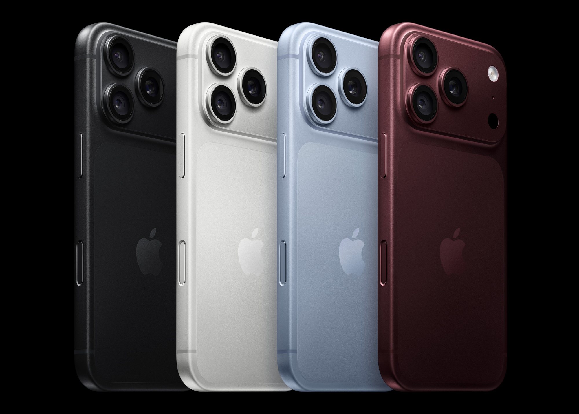 Latest generation iPhone lineup in black, white, blue and burgundy